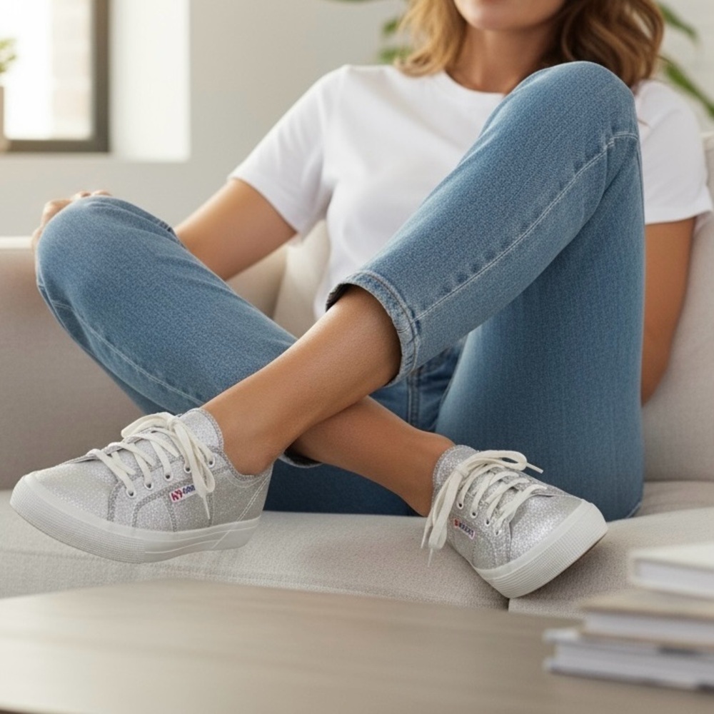 Superga Platform Sneakers Silver Size 37 or Size 6.5 Made in Italy Lace Up